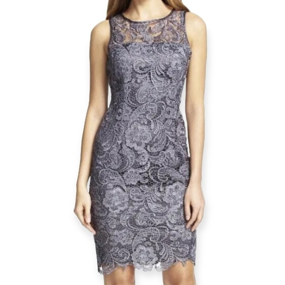 🌻Adrianna Papell Gray Illusion Lace Special Occasion Sheath Dress Size 8 - Picture 1 of 11